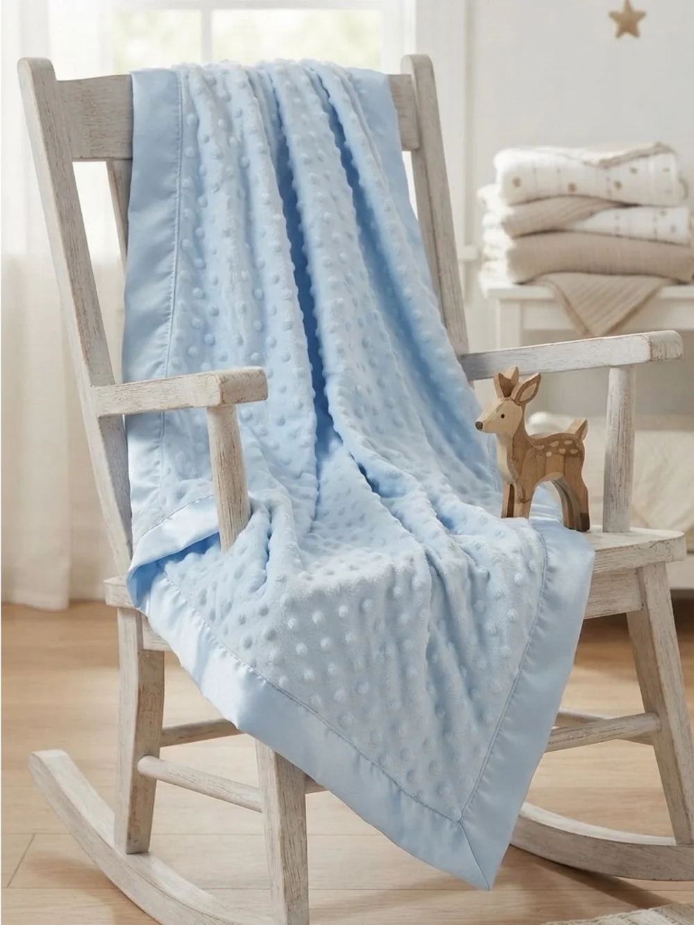 Plush Light Blue Minky Baby Blanket with Satin Trim